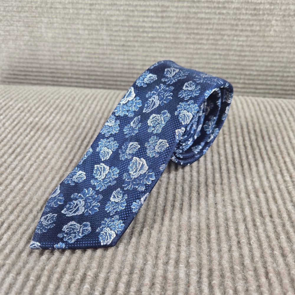 Michael Strahan Mens Navy Blue Floral Rose Jacqluard Slim Necktie